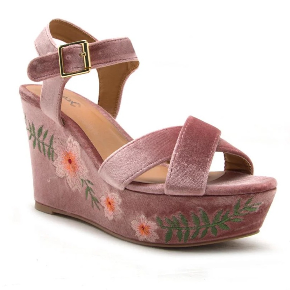 QUPID Pink  Velvet Wedge Sandals with Embroidery Details